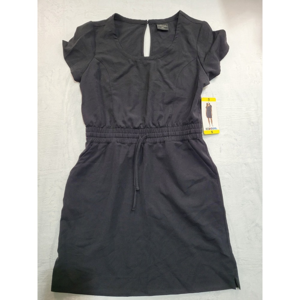 NWT 32 Degrees Cool Dress Womens Small Black Short Sleeve Drawstring Mini Pocket